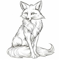 Obraz premium Sitting fox with bushy tail. Black and white line art illustration. Realistic forest animal theme for coloring book design. Flat illustration. Generative AI