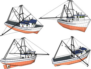 Vector sketch illustration of the design of a fishing boat searching for fish on the high seas
