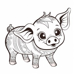 Fototapeta premium Smiling cartoon pig with decorative patterns. Black and white line art illustration. Farm animal theme for coloring book design. Flat illustration. Generative AI