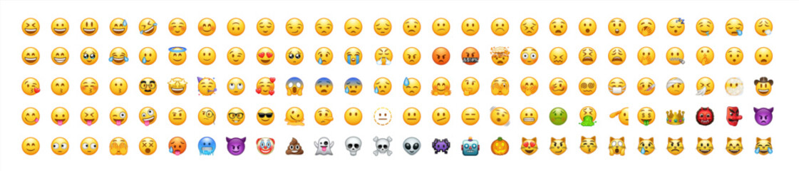 Set of yellow emoji and emoticon faces in vector graphic format on a transparent background. This collection represents a variety of emotions and expressions, perfect for digital designs. Vector 10eps