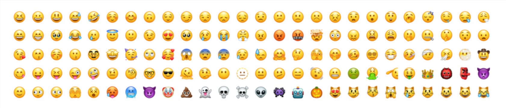 Naklejki Set of yellow emoji and emoticon faces in vector graphic format on a transparent background. This collection represents a variety of emotions and expressions, perfect for digital designs. Vector 10eps