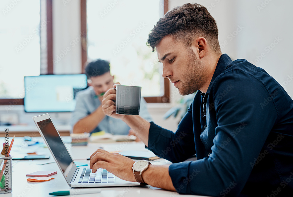 Aufkleber Coffee, design and laptop with man in office of creative agency for online research on web development. Business, computer and startup with serious graphic designer or developer for editing.