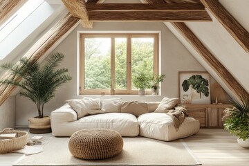 Serene Japandi Attic Retreat with Light Wood Beams and Cozy Seating Area in Neutral Tones | Inviting Wide-Angle Shot of Warm Space