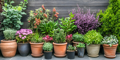 Beautiful Garden Pots, Colorful Container Garden, An Elegant Display of Garden Plants in Various Containers, creative container gardening