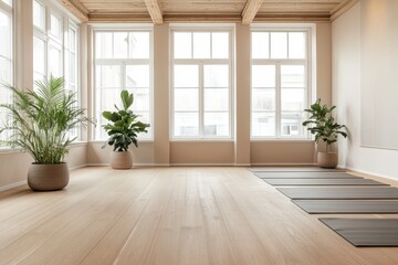 Fototapeta premium Serene Japandi Yoga Studio with Neutral Tones and Soft Mats for Relaxation Practice