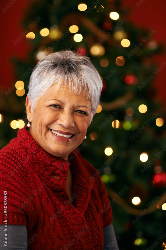 Sticker Christmas, senior and portrait of happy woman in home for holiday celebration by tree with light bokeh. Xmas, face and smile of mature female person in house for festive season or party in Brazil