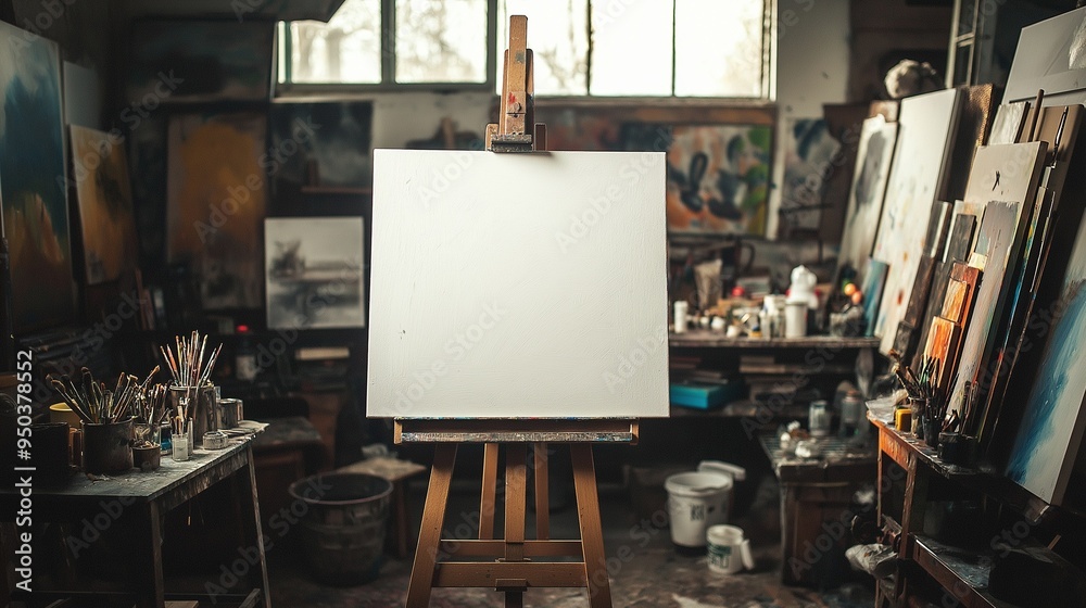 Canvas Prints white easel in a cluttered art studio, bathed in the gentle light