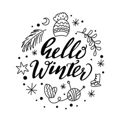 Handmade lettering . Hello  Winter with decor.Black on White