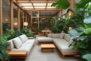 Fototapeta premium Serene Japandi Conservatory with Light Wood Frames and Lush Greenery, Side Shot of Bright and Neutral Tones Interior