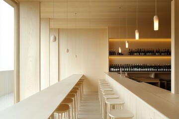 Elegant Japandi Wine Tasting Room with Minimalist Seating and Light Wood Accents in Neutral Palette, Side Shot Perspective