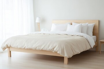 Serene Minimalist Bedroom with Beige Bedding and Oak Frame, Bathed in Morning Light
