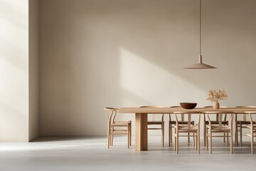 Serene Minimalist Dining Room with Oak Table, Neutral Tones, and Soft Natural Lighting