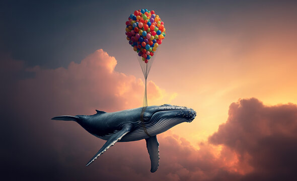Whale flying with balloons in a surreal sky