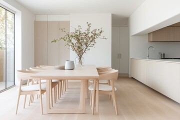 Fototapeta premium Cozy Minimalist Breakfast Nook in Neutral Tones with Light Wood Furniture, Captured from Side Angle, Bathed in Natural Light for an Intimate Feel