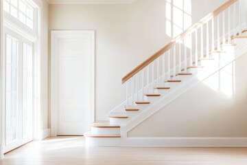 Modern Minimalist Staircase with Light Wood Steps and Simple Railing in Neutral Tones - Side View of Clean, Contemporary Design