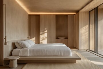 Serene Japandi-Style Bedroom with Low Platform Bed in Light Oak and Muted Tones, Side Shot Showing Natural Textures