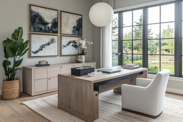 Fototapeta premium Minimalist Japandi Home Office with Sleek Wood Desk and Serene Neutral Decor, Featuring Paper Lanterns in an Organized Setting - Side View
