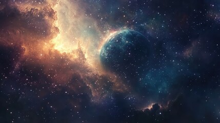 Fototapeta premium Celestial Echoes: A soft, glowing cosmic backdrop with radiant star fields and shimmering nebulae, capturing celestial elegance.