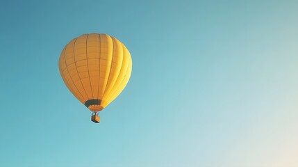 Fototapeta premium A hot air balloon flying in the sky, with a yellow and black checkered pattern. Against a clear blue background with copy space