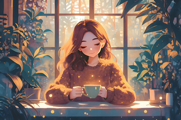 Serene Girl enjoying a cup of tea in a charming coffee shop surrounded by plants and fairy lights, creating a cozy and inviting ambiance. Anime style, Cozy vibes