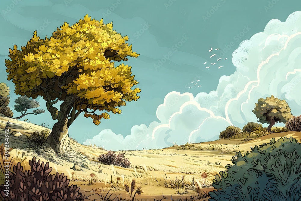 Poster yellow tree in a field with blue sky and clouds