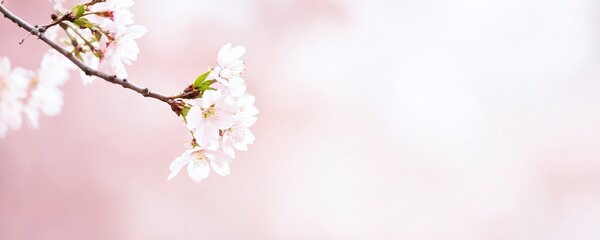 Fototapeta premium Delicate cherry blossoms bloom on a slender branch in soft pastel colors during spring in a tranquil garden setting