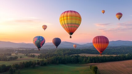 Naklejka premium Colorful Hot Air Balloons Over Rural Landscape at Sunset