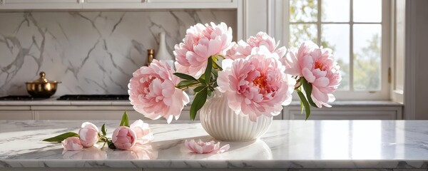 Delicate pink peonies arranged in a white vase on a marble countertop in a sunlit kitchen