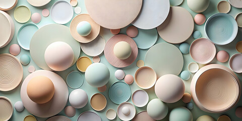 Pastel Harmony: A symphony of soft-hued spheres and circles dance across a serene backdrop, evoking tranquility and minimalist elegance. 