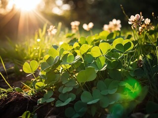 A peaceful morning scene with sunlight filtering through clover and wildflowers in a serene meadow setting