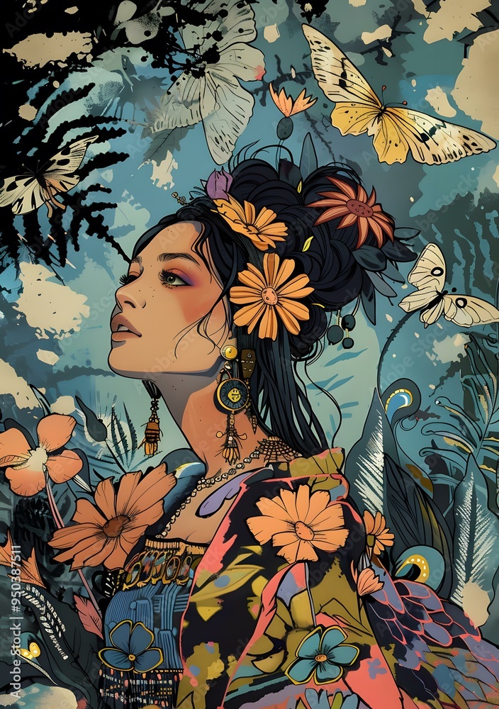 Poster Woman with Butterflies and Flowers Illustration