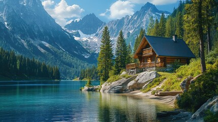 Fototapeta premium A remote mountain cabin with a view of a pristine lake, surrounded by evergreen forests and towering peaks