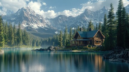 Fototapeta premium A remote mountain cabin with a view of a pristine lake, surrounded by evergreen forests and towering peaks