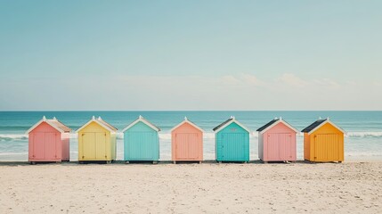 Naklejka premium A row of colorful beach huts lining a sandy shore with gentle waves in the background