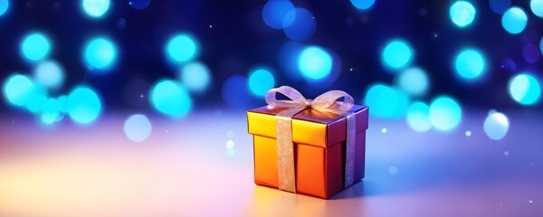 Colorful gift box decorated with a ribbon sits against a blurred backdrop of blue lights during a festive celebration
