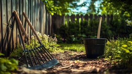 A photo of an aluminum rake leaning against the wooden fence in the front yard, next to it is also a black bucket with garden waste inside
