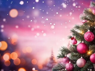 A beautifully decorated Christmas tree with ornaments and snowflakes set against a colorful winter sky during the holiday season