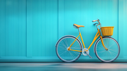 Fototapeta premium Bright yellow bicycle against a vibrant turquoise wall