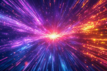 Fototapeta premium A vibrant, swirling explosion of light and color, with beams radiating outward against a dark background, evoking a sense of cosmic energy and movement