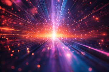 Fototapeta premium A vibrant explosion of colors and light, resembling a cosmic event, with beams of light radiating outward amidst floating particles and glowing orbs