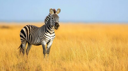 Fototapeta premium A solitary zebra standing in a grassy savannah, its black-and-white stripes contrasting with the golden grass