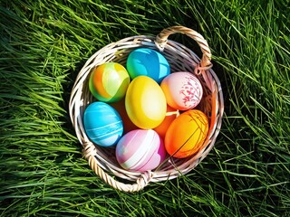 Colorful Easter eggs in a woven basket resting on vibrant green grass during a sunny spring day, celebrating the holiday spirit