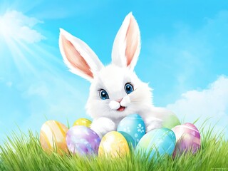An adorable white bunny surrounded by colorful Easter eggs on a sunny day with a bright blue sky and soft clouds in the background