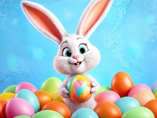 A cheerful cartoon bunny holds a colorful egg surrounded by pastel Easter eggs in a delightful spring setting