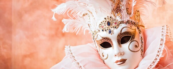 Elegant masquerade mask adorned with feathers and jewels against a soft peach backdrop showcasing a festive atmosphere