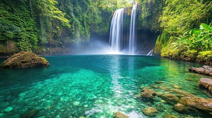 A stunning view of a tropical waterfall cascading into a crystal-clear pool surrounded by lush greenery