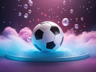 Naklejka premium A soccer ball surrounded by colorful bubbles and vibrant clouds staged on a glowing pedestal within a dreamy atmosphere at night