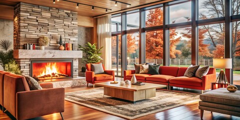 Modern living room with fireplace.