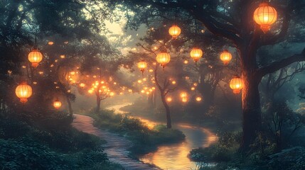 Enchanting Forest Path Illuminated by Lanterns at Dusk