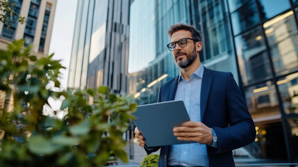 Fototapeta premium A confident businessman wearing glasses uses a tablet outdoors in a modern city environment, symbolizing technology, business, and urban life.